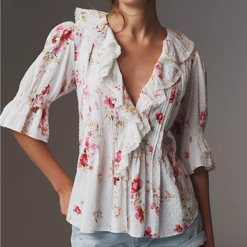 Anthropology Super Cute! Ruffled Floral Pintuck Top